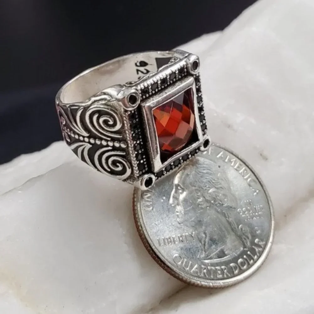 Men's Jewelry Solid Silver 925 Ring Natural Garnet/Black Topaz Man